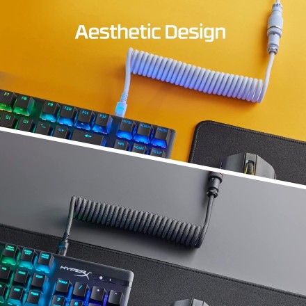 HyperX Coiled Cable - Durable Coiled Cable, Stylish Design, 5-Pin Aviator Connector, USB-C to USB-A - Grey/Black