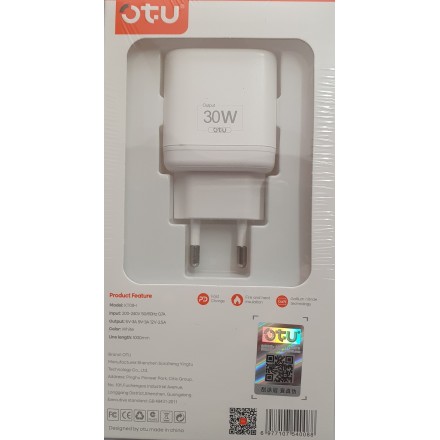 OTU Φορτιστής με Θύρα USB-C και Καλώδιο Lightning 30W Power Delivery Λευκός (KT09-I)