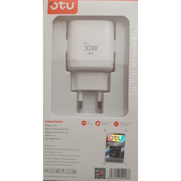 OTU Φορτιστής με Θύρα USB-C και Καλώδιο Lightning 30W Power Delivery Λευκός (KT09-I)