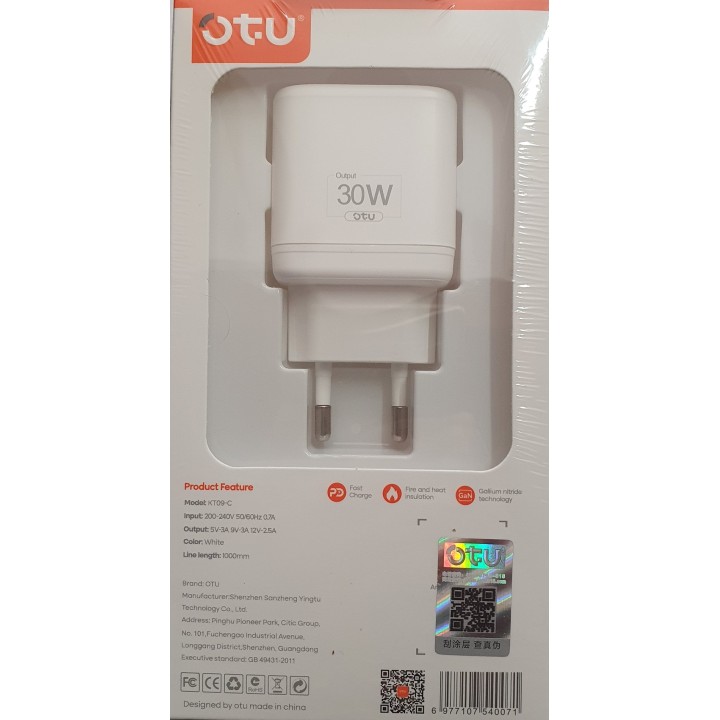 OTU Φορτιστής με Θύρα USB-C και Καλώδιο Type-C 30W Power Delivery Λευκός (KT09-C)