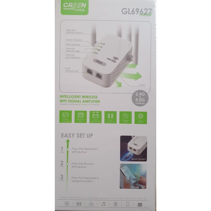 Ασύρματο WiFi Range Extender Green Lyca Adapter 1200Mbps 2.4Gh/5.0Ghz - Λευκό GL69627