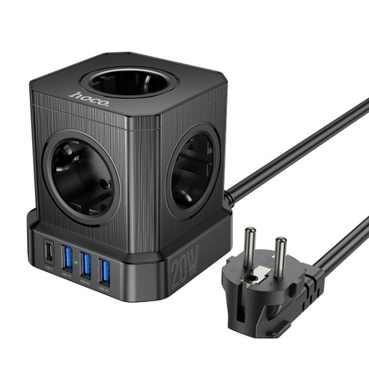 Πολύπριζο 5 Θέσεων Σούκο - 1 Θύρα USB-C - 3 Θύρες USB-A και Καλώδιο 2m 20W Hoco NS8 Μαύρο