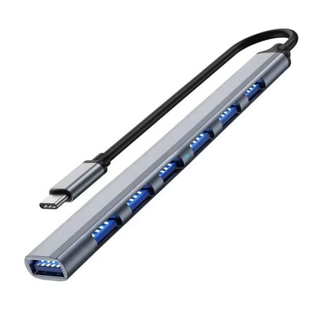 DeTech USB 3.0 Hub 7 Θυρών με σύνδεση USB-C Γκρι(178508)