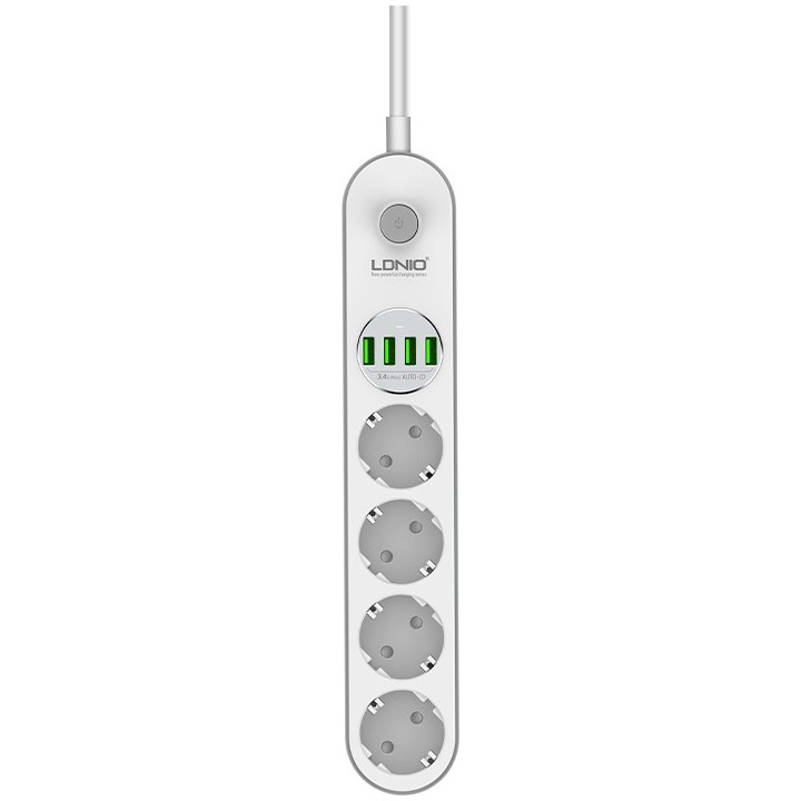 Ldnio Πολύπριζο Ασφαλείας 4 Θέσεων με 4 USB-A, Διακόπτη και Καλώδιο 2m