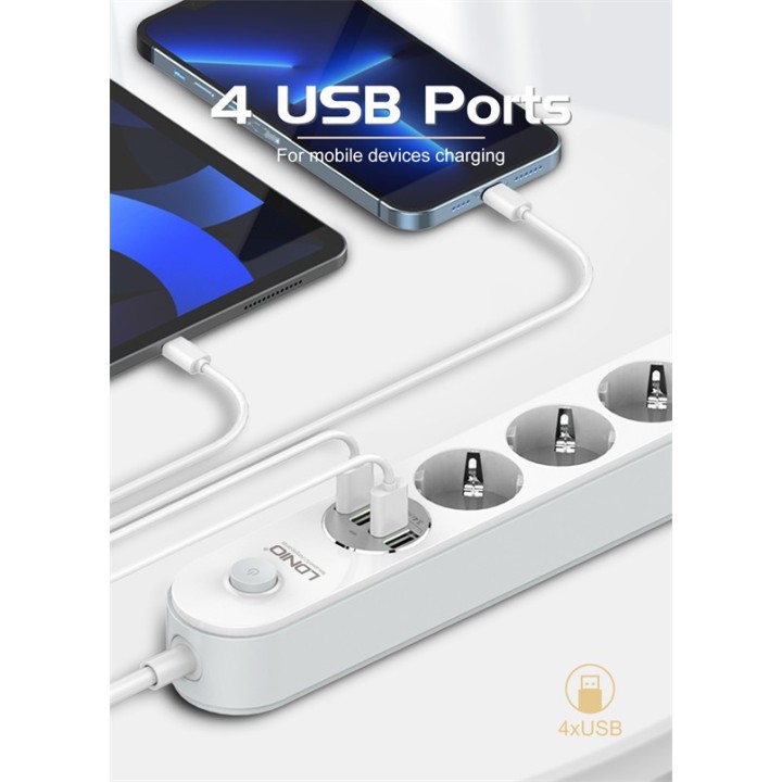 Ldnio Πολύπριζο Ασφαλείας 4 Θέσεων με 4 USB-A, Διακόπτη και Καλώδιο 2m