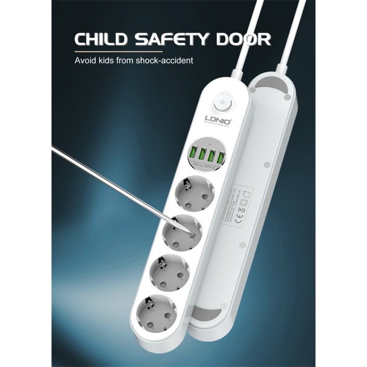 Ldnio Πολύπριζο Ασφαλείας 4 Θέσεων με 4 USB-A, Διακόπτη και Καλώδιο 2m