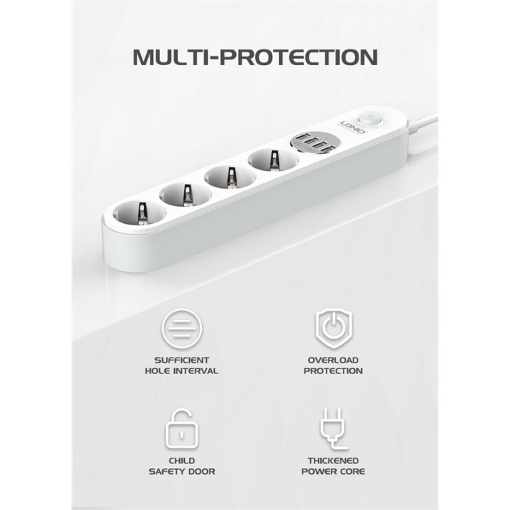 Ldnio Πολύπριζο Ασφαλείας 4 Θέσεων με 4 USB-A, Διακόπτη και Καλώδιο 2m