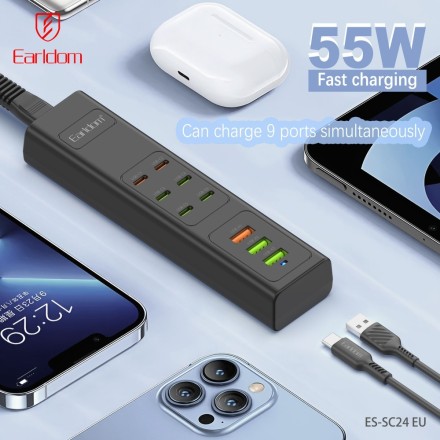 Earldom Πολύπριζο με 3 USB-A, USB-C και Καλώδιο 1m SC24