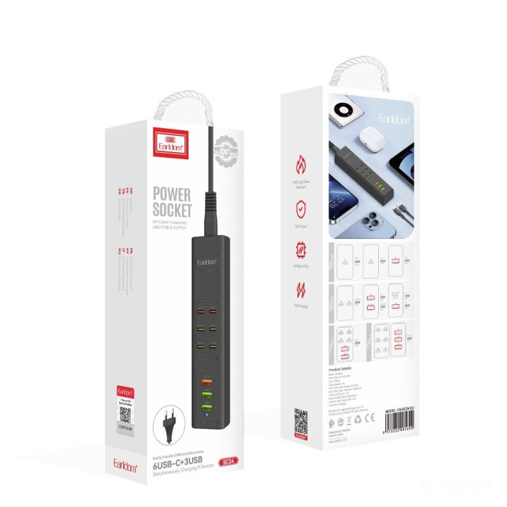 Earldom Πολύπριζο με 3 USB-A, USB-C και Καλώδιο 1m SC24
