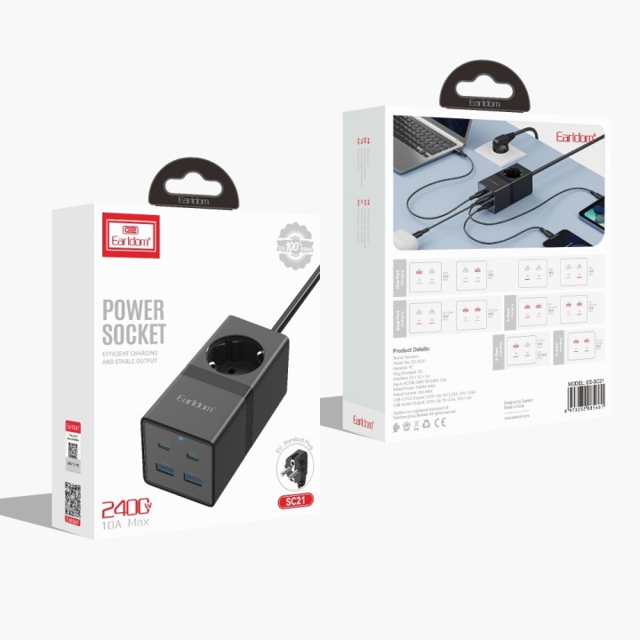 Earldom Μονόπριζο με USB-A, 2 USB-C και Καλώδιο 1m SC21