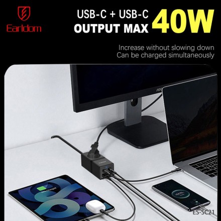 Earldom Μονόπριζο με USB-A, 2 USB-C και Καλώδιο 1m SC21
