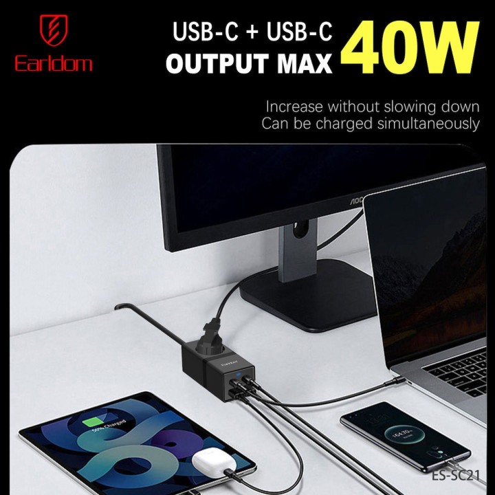 Earldom Μονόπριζο με USB-A, 2 USB-C και Καλώδιο 1m SC21