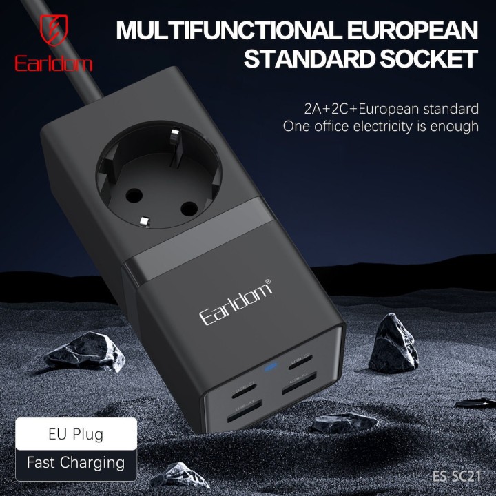 Earldom Μονόπριζο με USB-A, 2 USB-C και Καλώδιο 1m SC21