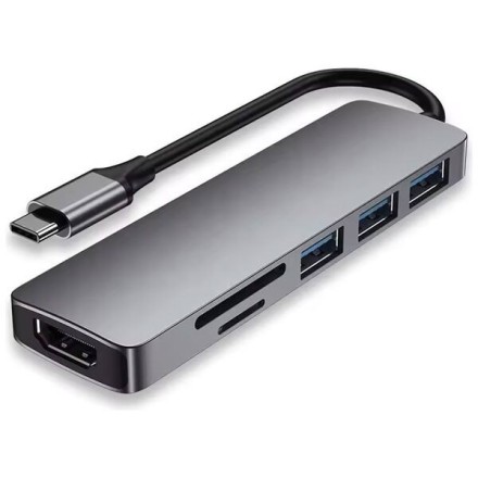 DeTech Docking Station, USB-C to 3x USB-A, 1x HDMI, 1x SD Reader, 1x MicroSD Reader, Gray(17851)