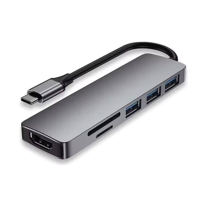 DeTech Docking Station, USB-C to 3x USB-A, 1x HDMI, 1x SD Reader, 1x MicroSD Reader, Gray(17851)