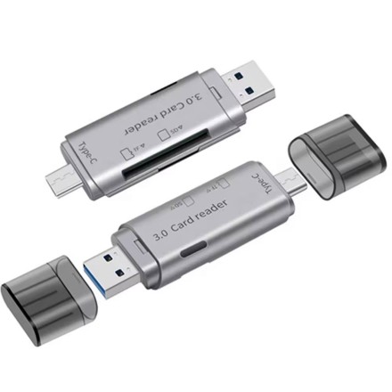 Card reader DeTech, USB Type-C - USB 3.0 OTG, SD, TF, Silver(17854)