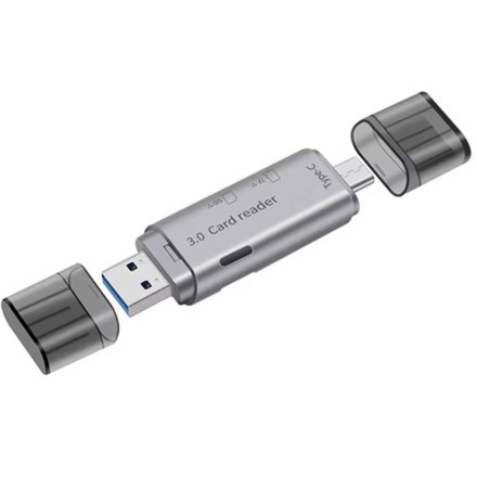 Card reader DeTech, USB Type-C - USB 3.0 OTG, SD, TF, Silver(17854)
