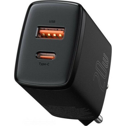 Baseus Φορτιστής Χωρίς Καλώδιο με Θύρα USB-A και Θύρα USB-C 20W Power Delivery / Quick Charge 3.0 Μαύρος (Compact)