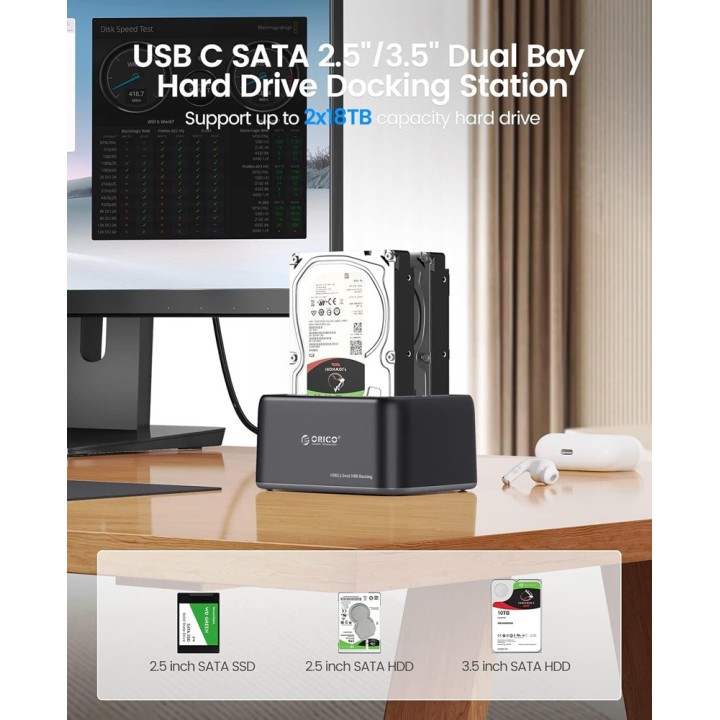 Orico Docking Station για 2 Σκληρούς Δίσκους SATA 2.5" / 3.5" με σύνδεση USB-C (6829C3-V1)