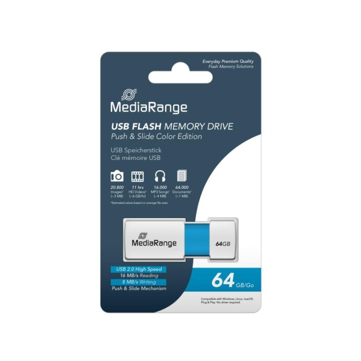 MediaRange USB 2.0 flash drive, color edition, light blue, 64GB (MR974)