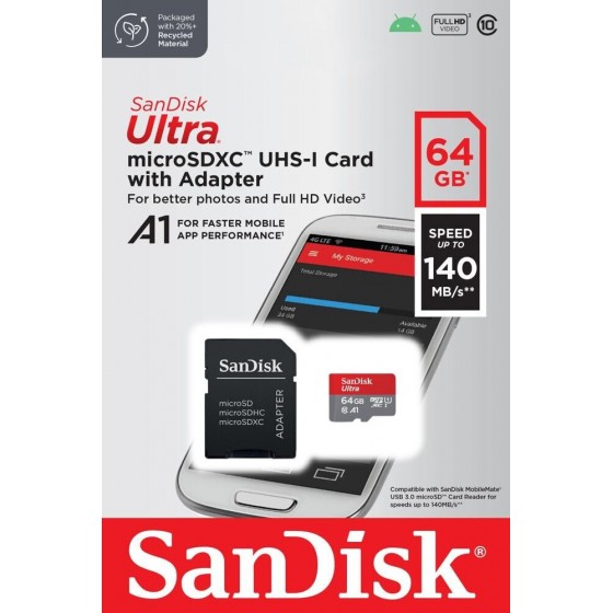 Sandisk Ultra microSDXC 64GB Class 10 U1 A1 UHS-I 140MB/s (SDSQUAB-064G-GN6MA)