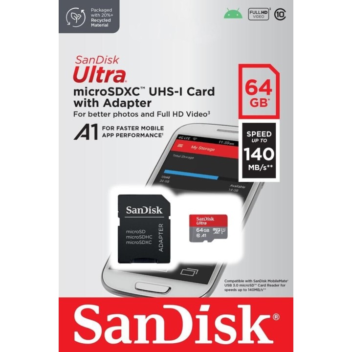 Sandisk Ultra microSDXC 64GB Class 10 U1 A1 UHS-I 140MB/s (SDSQUAB-064G-GN6MA)