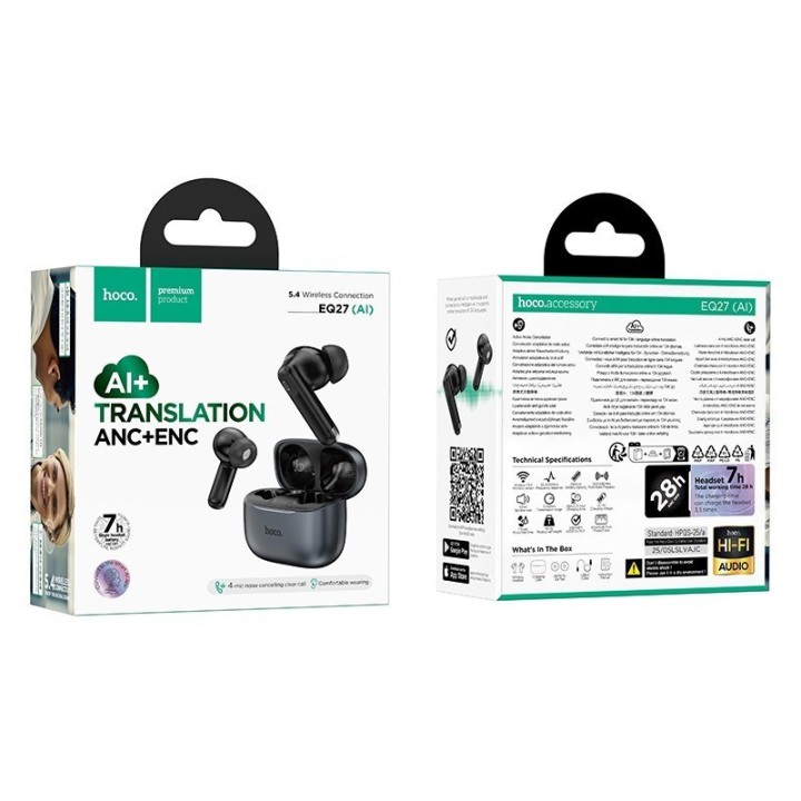Hoco EQ27 ANC+ENC Bluetooth Earphones με Έξυπνο Μεταφραστή AI Μαύρο Μαύρα