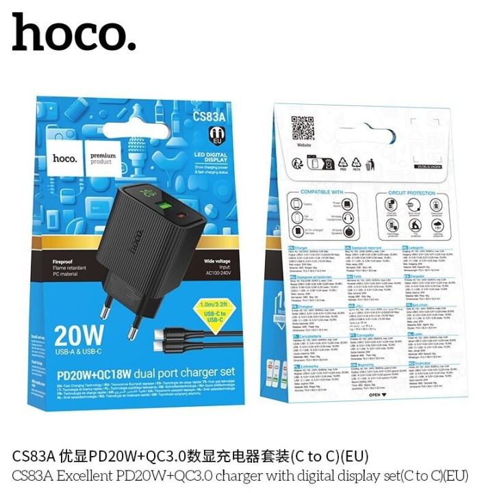 Hoco Φορτιστής με Θύρα USB-A και Θύρα USB-C και Καλώδιο USB-C - USB-C 20W Quick Charge 3.0 / Quick Charge 2.0 Μαύρος