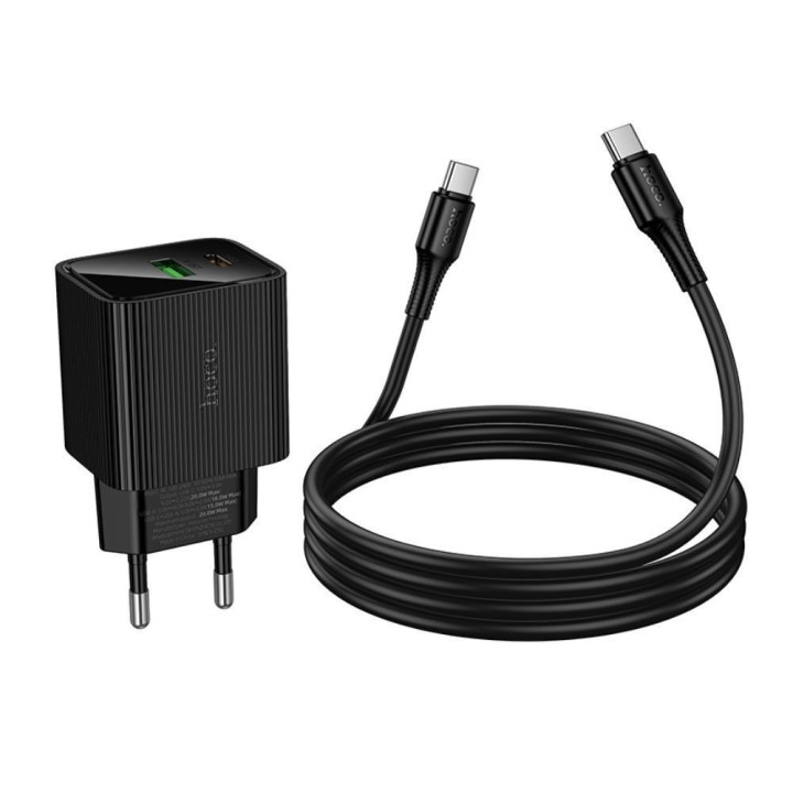 Hoco Φορτιστής με Θύρα USB-A και Θύρα USB-C και Καλώδιο USB-C - USB-C 20W Quick Charge 3.0 / Quick Charge 2.0 Μαύρος