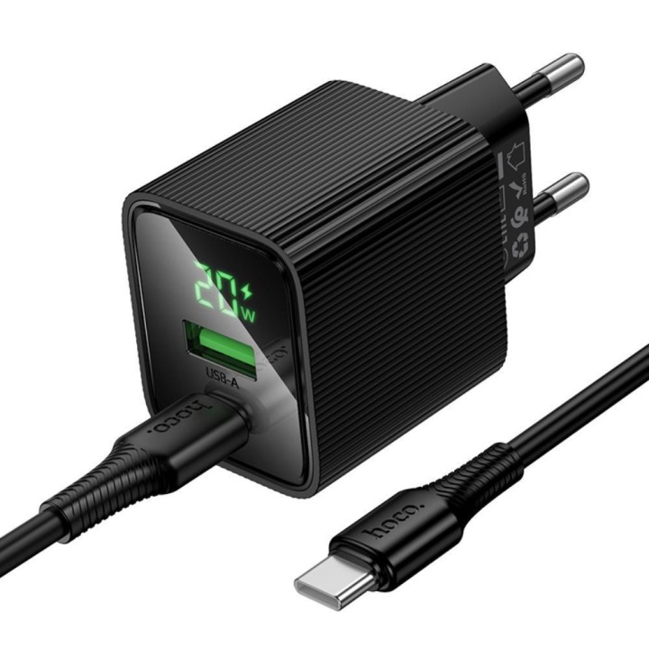 Hoco Φορτιστής με Θύρα USB-A και Θύρα USB-C και Καλώδιο USB-C - USB-C 20W Quick Charge 3.0 / Quick Charge 2.0 Μαύρος