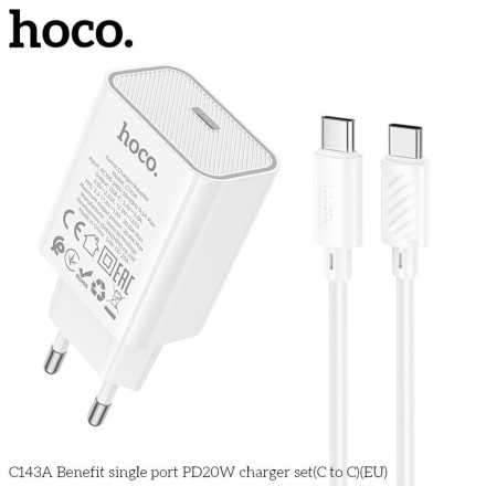 Hoco Φορτιστής με Καλώδιο με Θύρα USB-C και Καλώδιο USB-C - USB-C 20W Λευκός (C143A)