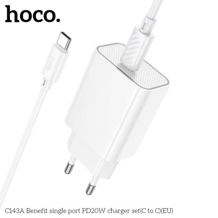 Hoco Φορτιστής με Καλώδιο με Θύρα USB-C και Καλώδιο USB-C - USB-C 20W Λευκός (C143A)