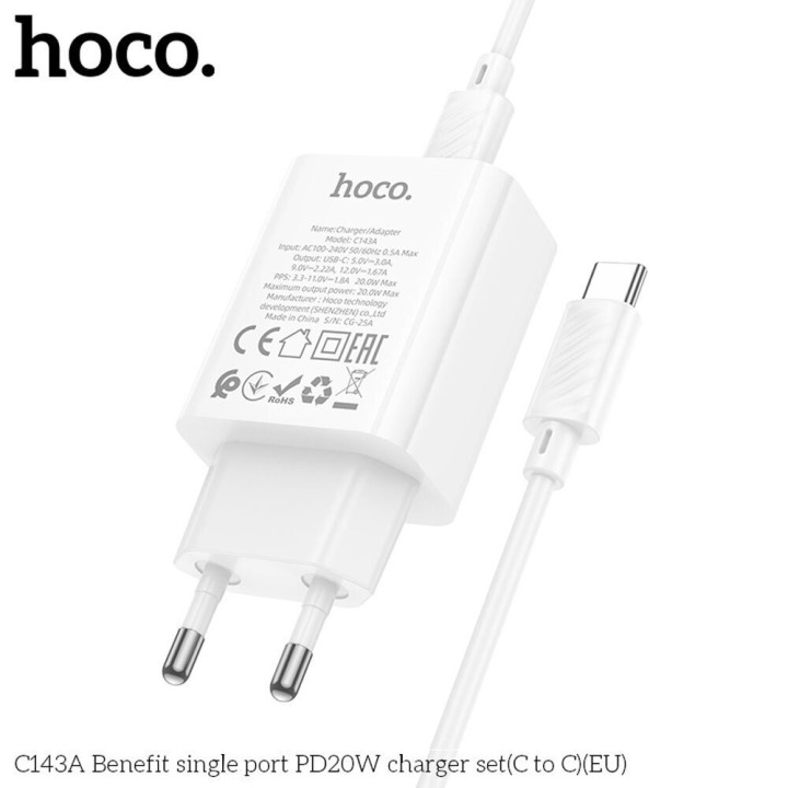 Hoco Φορτιστής με Καλώδιο με Θύρα USB-C και Καλώδιο USB-C - USB-C 20W Λευκός (C143A)