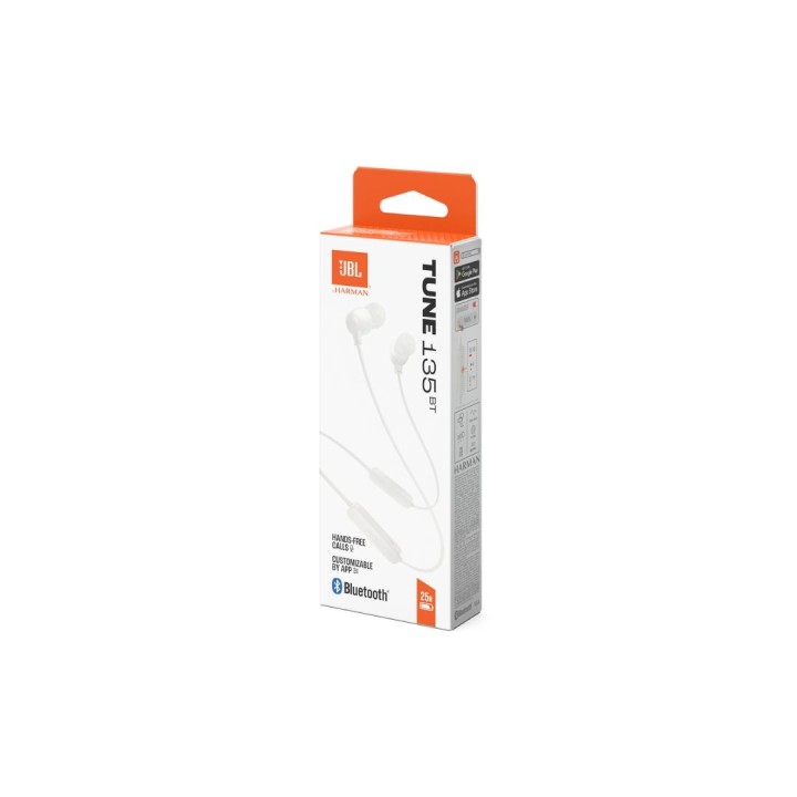 JBL Tune 135BT, Wireless EarBuds 3-button Mic/Remote (White)