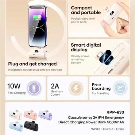 Remax Capsule Series RPP-633 Lightning Power Bank 5000mAh Μωβ
