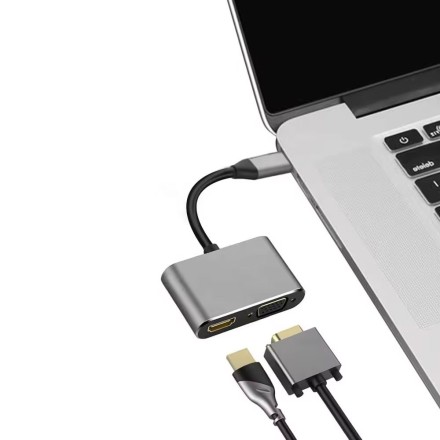 Μετατροπέας DETECH USB-C male σε HDMI / VGA 2x female Γκρι 1τμχ (17842)
