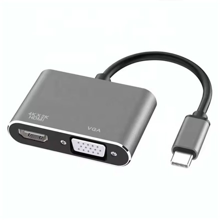 Μετατροπέας DETECH USB-C male σε HDMI / VGA 2x female Γκρι 1τμχ (17842)