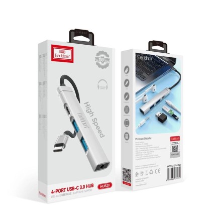 Hub Earldom HUB20 Type-C, 4 Ports( 2xUsb 3.0 1x Type C 1X 3.5mm jack) Gray (12063)