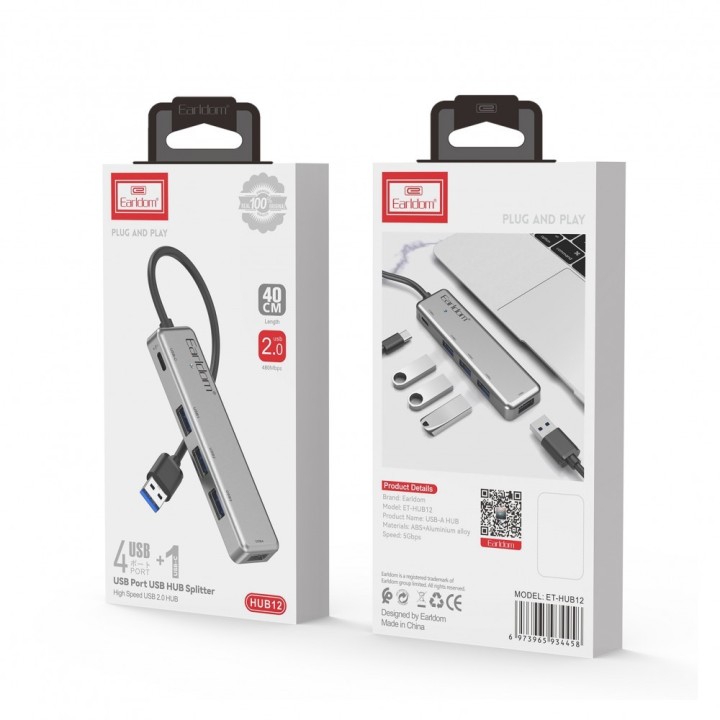 USB hub Earldom ET-HUB12, USB 2.0, 5 Ports(4XUSB 3,0 1X Type C )Gray(12069)