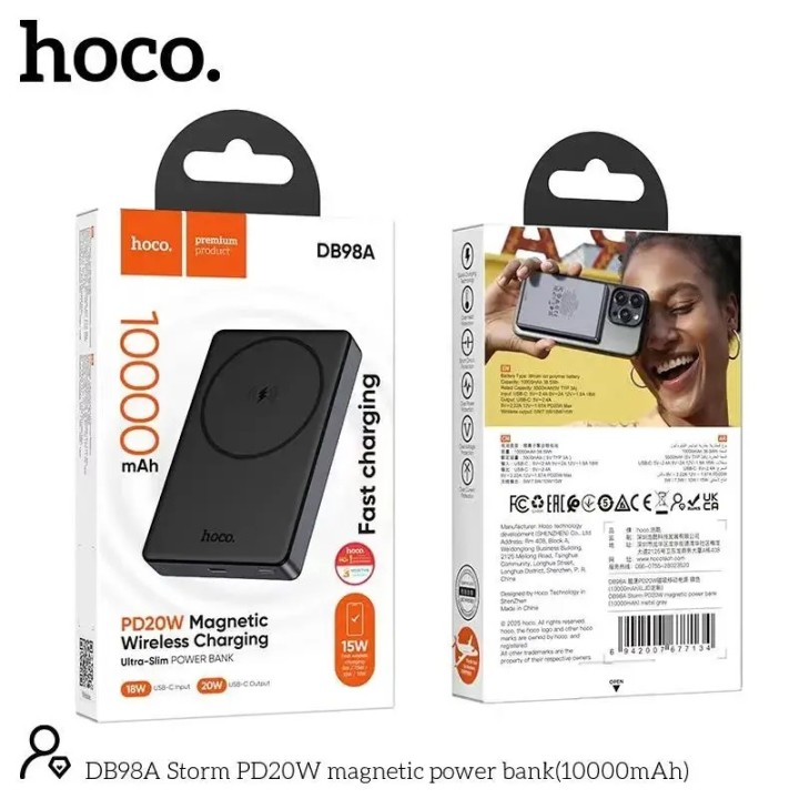 Hoco DB98A MagSafe Power Bank 10000mAh 20W με Θύρα USB-A και Θύρα USB-C Μαύρο