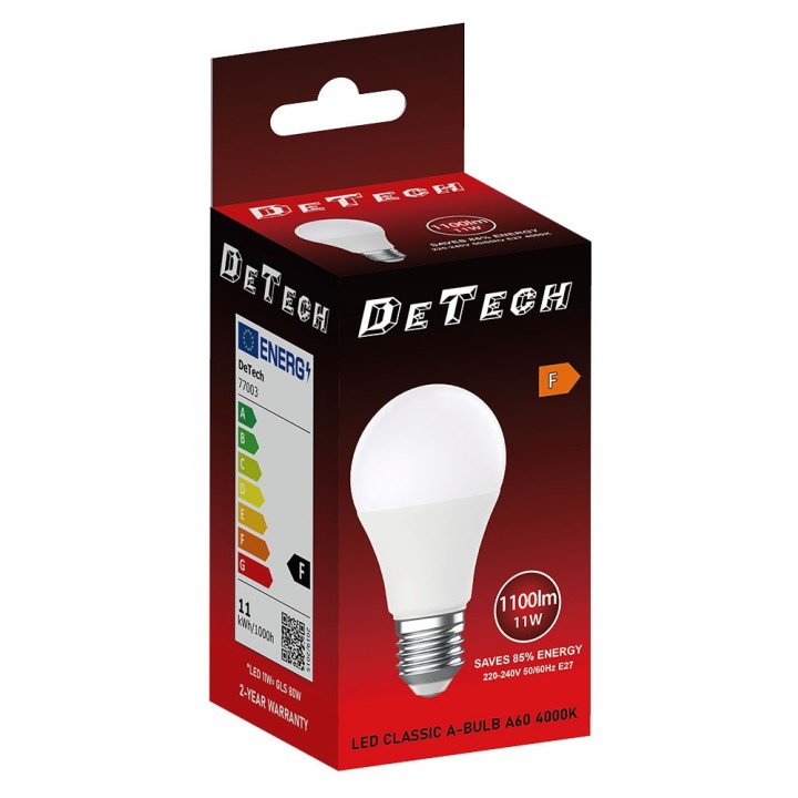 LED Bulb DeTech, A60, E27, 11W, 4000K, 1050lm(77003)