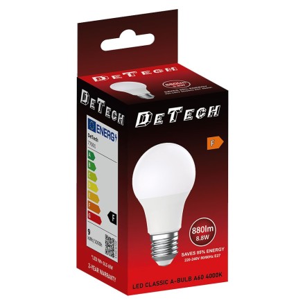 LED Bulb DeTech, A60, E27, 8.8W, 4000K, 806lm(77001)