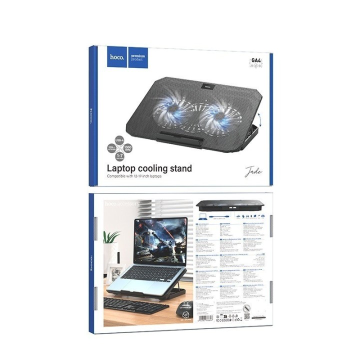 Laptop Cooler Hoco GA4 Jade Μαύρο με 2 Ανεμιστηράκια 7 Επιπέδων Έντασης και Φωτισμό για Φορητούς Υπολογιστές έως 17