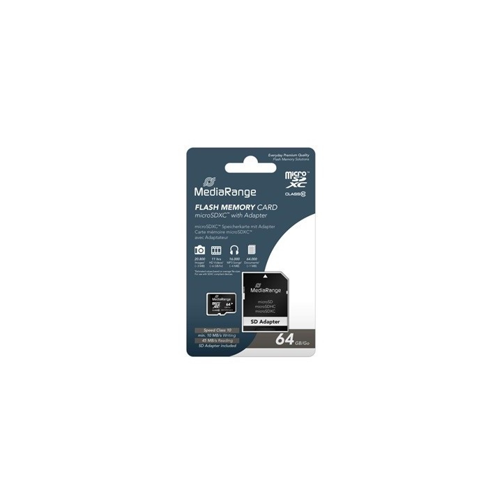 MediaRange Micro SDXC Class 10 With SD Adaptor 64 GB (eXtended Capacity) (MR955)