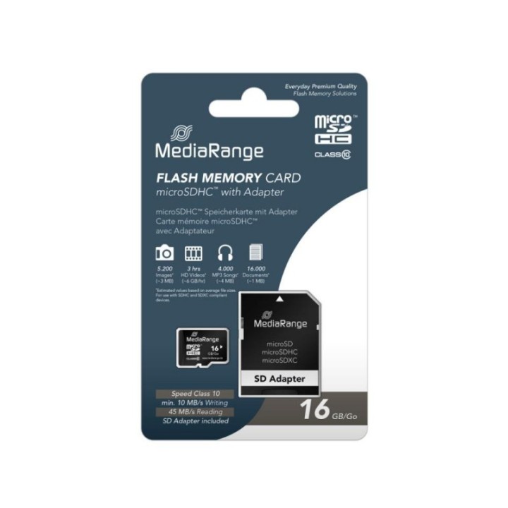 Κάρτα Μνήμης MicroSDHC Class 10 MediaRange 16GB with SD Adapter MR958