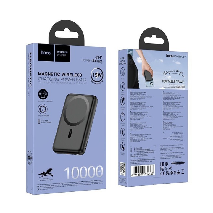 Hoco J141 MagSafe Power Bank 10000mAh 15W με Θύρα USB-C Power Delivery Μαύρο