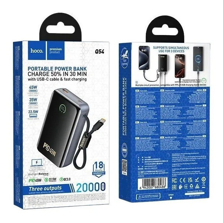 Hoco Q54 Shine Power Bank 20000mAh 45W με Θύρα USB-A και Θύρα USB-C Power Delivery / Quick Charge 3.0 Μαύρο