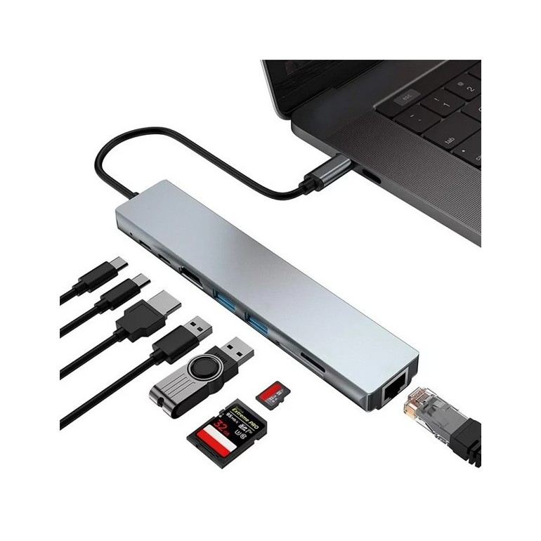 POWERTECH docking station PT-1536, 8 θυρών, USB-C σύνδεση, 87W PD, 100Mbps, γκρι