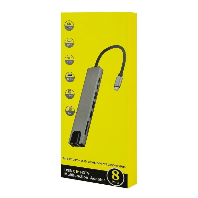 POWERTECH docking station PT-1536, 8 θυρών, USB-C σύνδεση, 87W PD, 100Mbps, γκρι