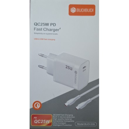 Φορτιστής TYPE C 25W QC Fast Charger Με Καλώδιο Type C σε Type C Budi-035 Λευκό